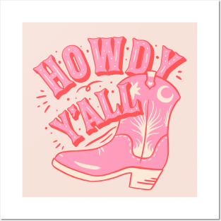 HOWDY HOWDY HOWDY YALL | Cowboy Boot Cowgirl Boots Preppy Aesthetic | Creamy Pink Background Posters and Art